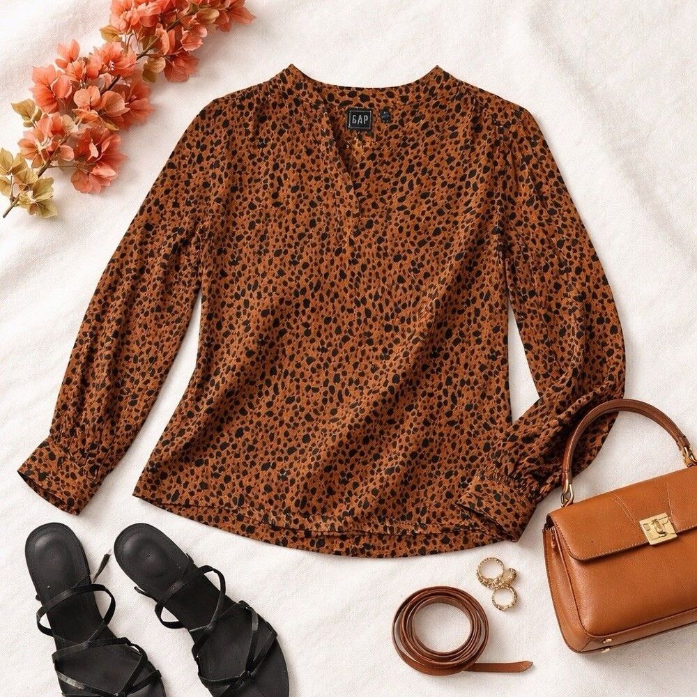 GAP Cheetah Print Blouse Brown Black Animal Print Top Boho Y2K Long Sleeve M
